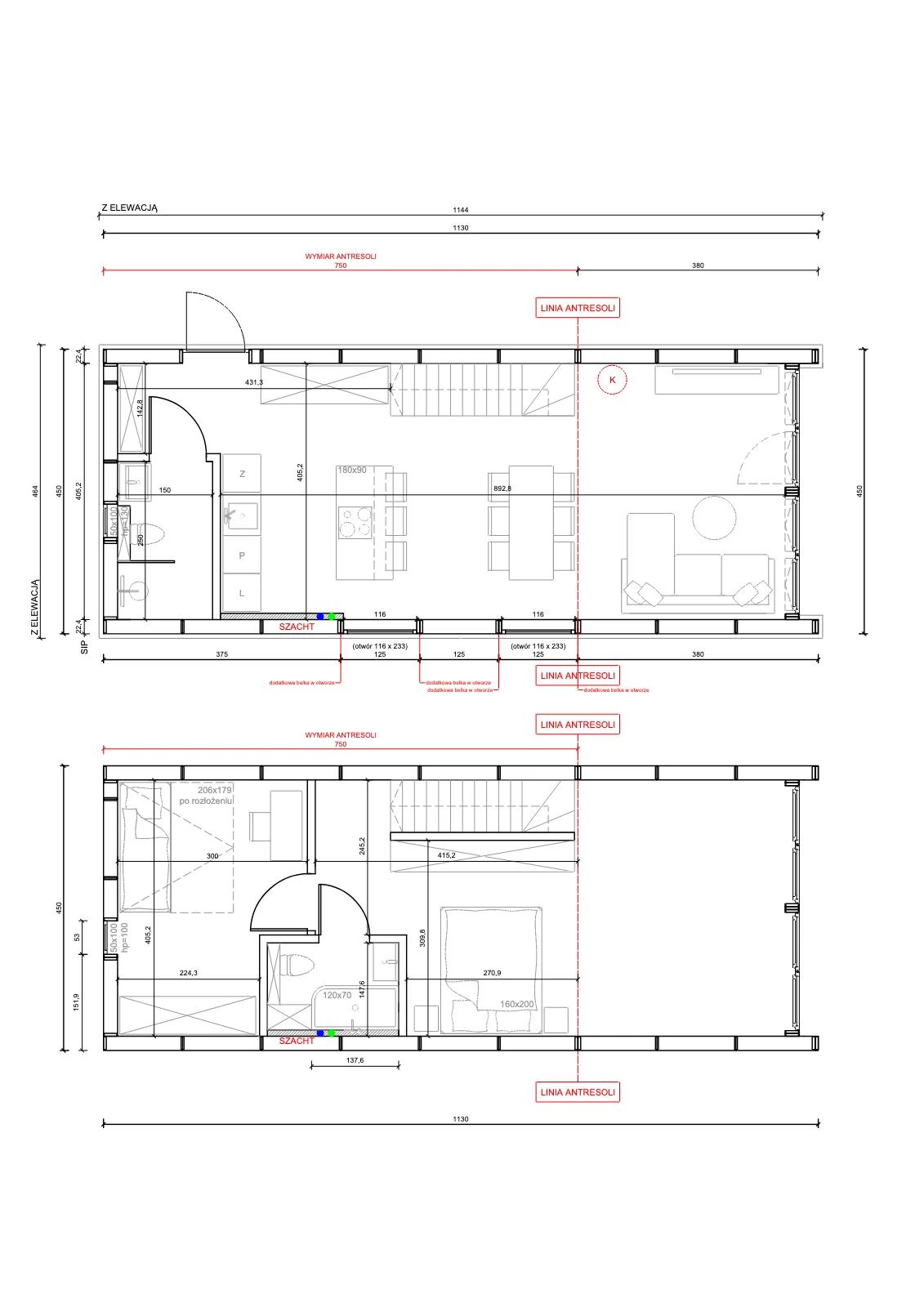 FRONT 53 m2 z antresolą — rzut 1